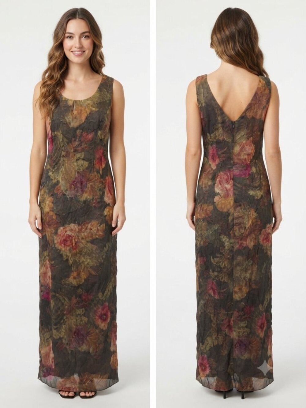 Vintage Virgo II Floral Midi Dress Size 10 Crinkle Texture Dark Academia